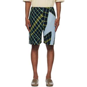 Homme Plisse Issey Miyake 반바지 블루   그린 윈드스웹트 플래드 쇼츠 251729M193000