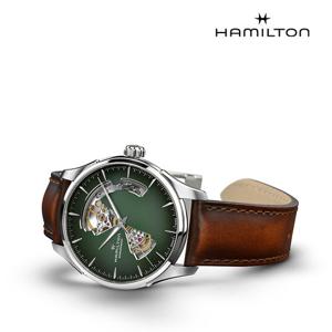 [해밀턴]H32675560 재즈마스터 오픈하트 오토 40mm 그린 다이얼 브라운 가죽 남성 시계