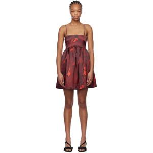 가니 원피스 버건디 플로럴 프린트 새틴 미니 드레스 251144F052018