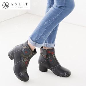 [애슬릿] 천연 소가죽 미들 통굽 기모 안감 앵클 부츠