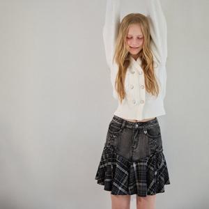 [에고이스트][BLUE LABEL] 레이스업 체크 믹스 데님스커트 ER4ODS01