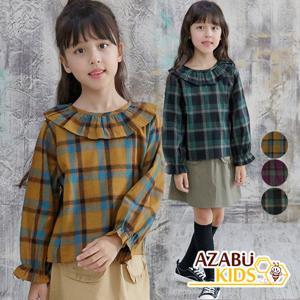 [아자브키즈] 꼬꼬 체크 블라우스 프릴 코튼 긴팔 여아 주니어