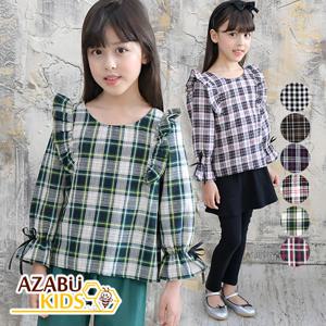 [아자브키즈] 빈 체크날개 블라우스 프릴 긴팔 티 여아 주니어