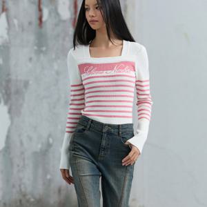 [에고이스트][BLUE LABEL] 스퀘어 스트라이프 레터링 니트 탑 ER3OKL03