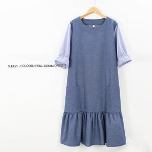 [해피통통] 빅사이즈 프릴 청 반팔 원피스 여성 데님 여름원피스 큐티한 롱 청원피스 여성의류