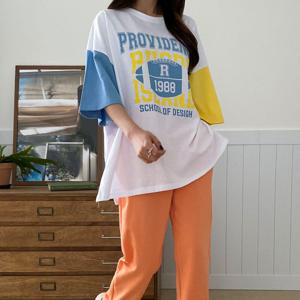 빅사이즈 럭비배색 반팔티 트임 롱 면 박스티 44~88