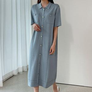 [어반프랑] 메리 클래식 카라 단추 반팔 니트 롱원피스