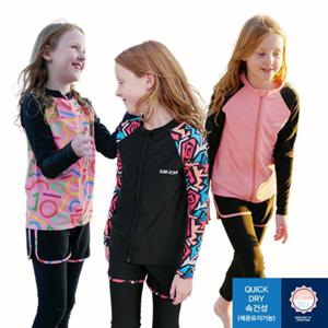 [리틀맘]초등학생 주니어 여아 수영복 집업 긴팔 래쉬가드 세트 3PCS 워터레깅스 생존수영