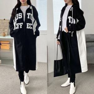 [쉬즈미]배색 겨울기모 여성 후드집업 롱점퍼 오버핏(OTR-062)