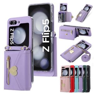 갤럭시Z플립 5 4 3 골드 하트 지퍼 가죽 카드지갑 스트랩 케이스