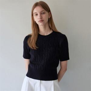 [얀13][얀써틴] LOGO CABLE SHORT SLEEVE KNIT_NAVY (9850785)