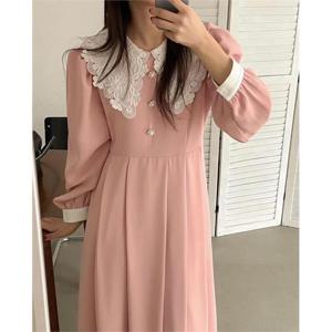 [무슈봉]레이스 카라 진주 단추 셔링 롱원피스 (9937927)