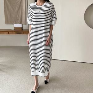 [어반프랑] 프링 볼륨소매 스트라이프 쿨 니트 롱원피스