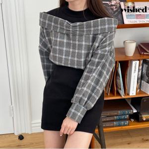 하프 폴라 체크 오프숄더 블라우스 (WIADBL003)