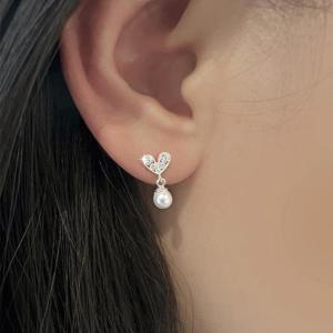 실버 925 하트 진주 드롭 피어싱 귀걸이