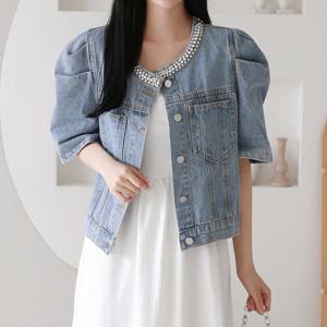 [한정/특가] 진주넥 퍼프소매 데님 반팔 자켓_C2406JK021B_G