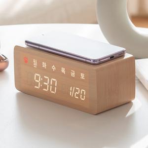 플라이토 우드 무선충전 데이트 LED 탁상시계 USB아답터
