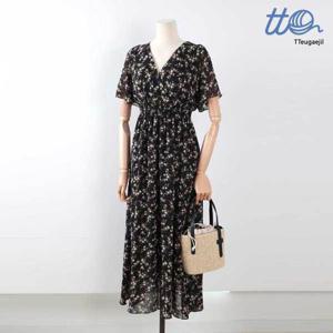 [티티오]TT뜨개질 브이넥 플라워 쉬폰 롱원피스 T22WOP11AX