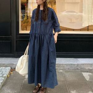 [바바라옷장]256031 - 체크 도트 긴팔 롱원피스 코튼원피스 빅사