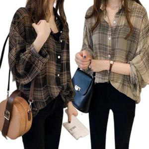 체크 패턴 짧은 소매 예쁜 여자 편한 블라우스 셔츠
