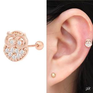 14K 금침 큐빅 부엉이 로즈골드 레이어드 피어싱