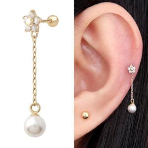 14K 골드 꽃 체인 드롭 진주 금 피어싱