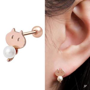 14K 골드필드 핀 고양이 진주 동물 피어싱