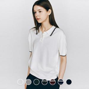 지오다노 355531 여성 여름 스트라이프 폴로넥 반팔 카라 니트 스웨터 05355531