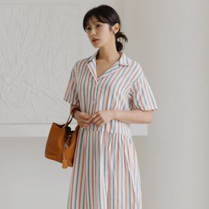 [바네사빈] 썸머쿨 배색단가라 셔츠카라 롱원피스 v01212