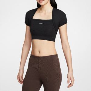 나이키반팔티 SQJ HJ1300-010 스포츠웨어 칠 니트 여성 타이트 크롭 미니 골지 투인원 탑