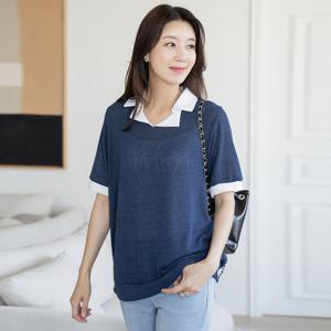 엄마옷 마담4060 반팔 데일리 더블카라넥 린넨티셔츠 캐주얼-ZTE2507010-