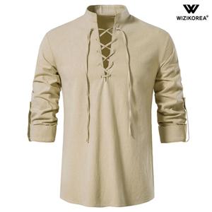 남성 레이스업 헨리넥 린넨 셔츠 긴팔 여름 비치 루즈핏 WI007S