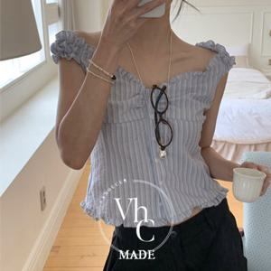 [반해써]시어서커 스트라이프 퍼프 캡소매 블라우스 T_YW1343