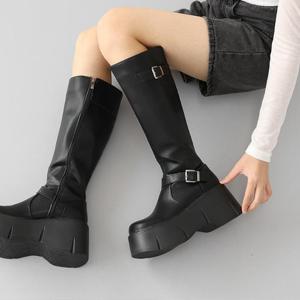 여성 내추럴 롱부츠 버클 통굽 워커부츠 UH-tja9