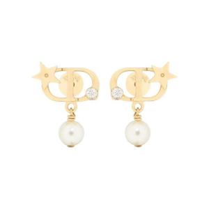 디올 쁘띠 CD 럭키 스타 이어링 골드 피니쉬 메탈 화이트 레진 펄 앤 실버톤 크리스탈 E4273WOMCY-D03S