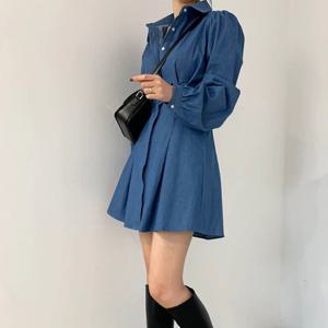 여성 카라 단추 퍼프 소매 미니 원피스 TDN-0184