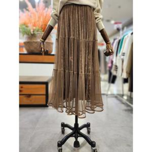 스테파니 세이브존01 벨벳 주름 망사 롱 스커트 A25SK5309