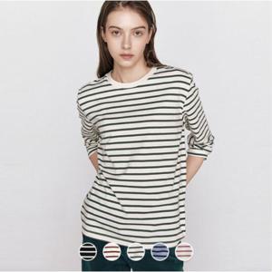 [지오다노]여성 가을 간절기 기본 라운드넥 스트라이프 긴팔 면 티셔츠 325913