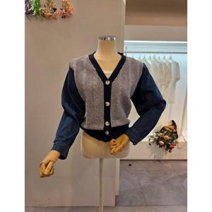 클리지 CP7WKC21 데님 소매 배색 브이넥 가디건