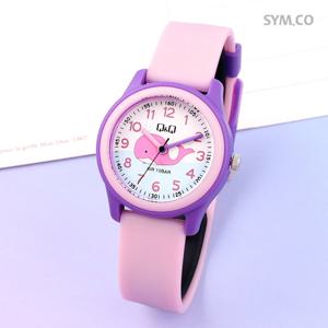 큐앤큐 VS59J-001Y 학습에 좋은 핑크 고래 캐릭터 어린이 아동 우레탄 시계 c