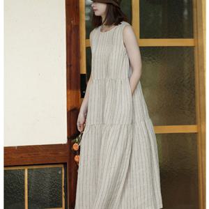 [바바라옷장]252285 - 핀턱 스트라이프 린넨면 롱원피스 코튼원