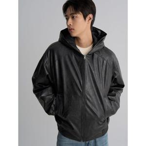 (215Y3ZBY65) [에잇세컨즈] 페이크 레더 후드 패딩  블랙