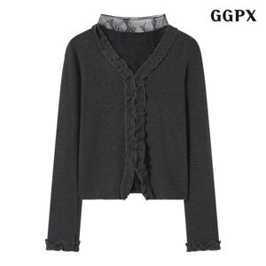 GGPX 페미닌 무드 프릴 브이넥 기모 티셔츠 (GPDLW010D)