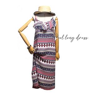 [해피통통] 빅사이즈 인디나염 프릴 나시 원피스 여성 여름 끈나시 롱원피스 바캉스 비치웨어 쿨한 여름용 여성의류