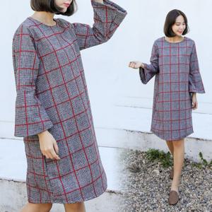 그루브 체크 모직 H라인 원피스