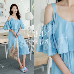 [미씨엘라] 프레티 데님 오프숄더 점프수트