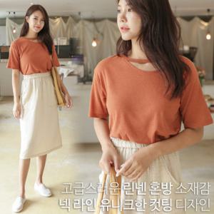 [미씨엘라] [LINEN] 토킹 넥 컷팅 반팔 티셔츠