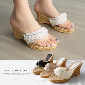 [바닐라슈] 뉴 엘라비 클리어 레이스 통굽웨지 뮬샌들(7cm)