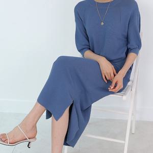 [어반프랑] 보르 뒷 리본 5부 반팔 니트 롱 원피스