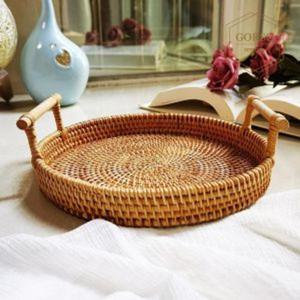 고르소 라탄 원형 트레이 우드 손잡이 쟁반 24cm